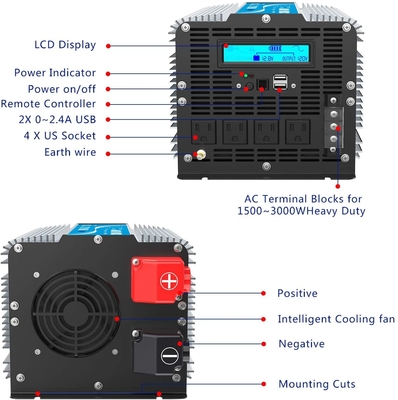 Remote Control 3000 Watt Pure Sine Wave Inverter 12V 24V LCD Display