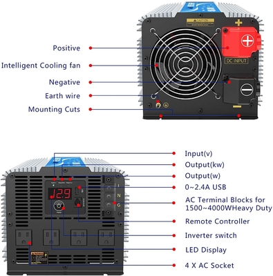 Heavy Duty 12V 2.4A Hybrid Solar Inverter LED 4000W Pure Sine Wave Power Inverter